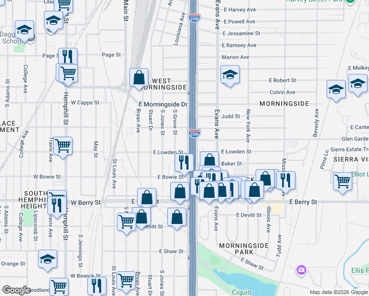 map of restaurants, bars, coffee shops, grocery stores, and more near 2820 South Freeway in Fort Worth