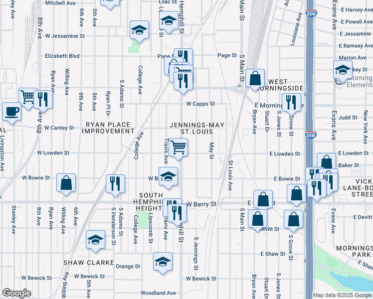 map of restaurants, bars, coffee shops, grocery stores, and more near 2820 South Jennings Avenue in Fort Worth