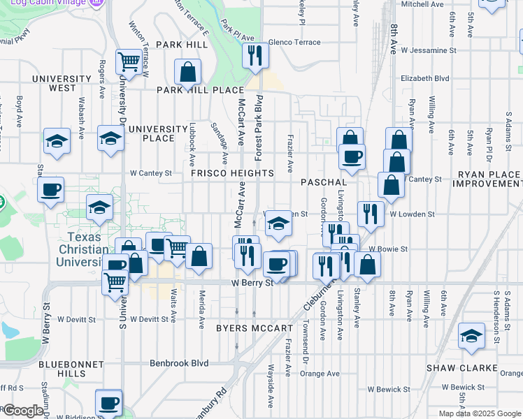 map of restaurants, bars, coffee shops, grocery stores, and more near 2816 Wayside Avenue in Fort Worth