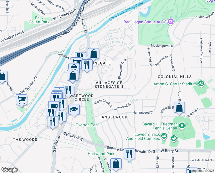 map of restaurants, bars, coffee shops, grocery stores, and more near 2845 Manorwood Trail in Fort Worth