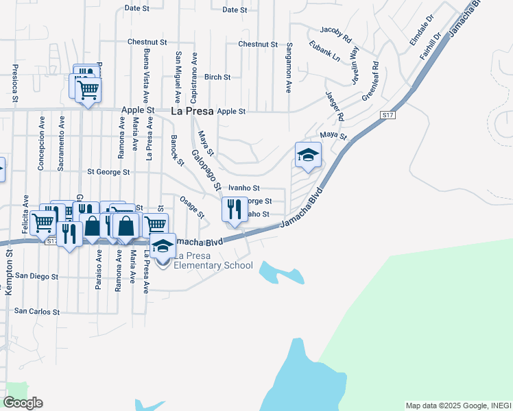 map of restaurants, bars, coffee shops, grocery stores, and more near 9809 Saint George Street in Spring Valley