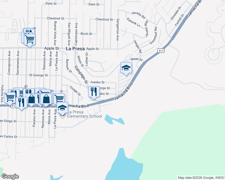 map of restaurants, bars, coffee shops, grocery stores, and more near 9853 Ivanho Street in Spring Valley