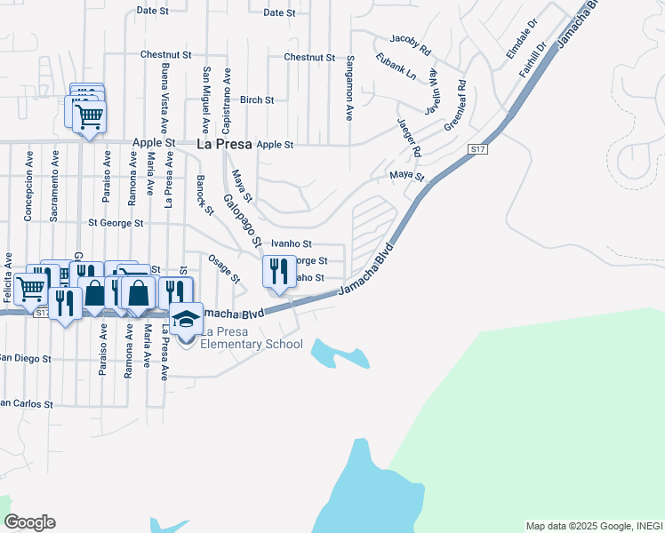map of restaurants, bars, coffee shops, grocery stores, and more near 9849 Saint George Street in Spring Valley
