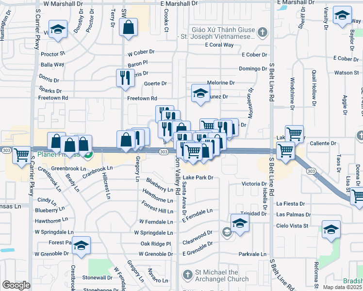 map of restaurants, bars, coffee shops, grocery stores, and more near 264 East Pioneer Parkway in Grand Prairie