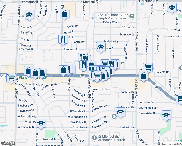 map of restaurants, bars, coffee shops, grocery stores, and more near 248 East Pioneer Parkway in Grand Prairie