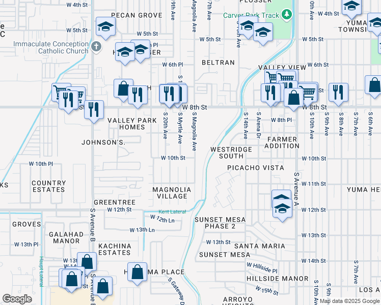 map of restaurants, bars, coffee shops, grocery stores, and more near 800-998 S Magnolia Ave in Yuma
