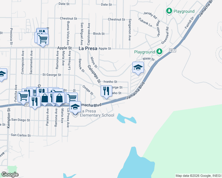 map of restaurants, bars, coffee shops, grocery stores, and more near 9745 Saint George Street in Spring Valley