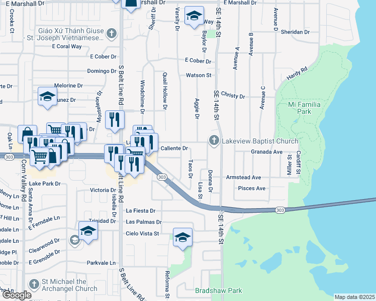 map of restaurants, bars, coffee shops, grocery stores, and more near 2503 Taos Drive in Grand Prairie