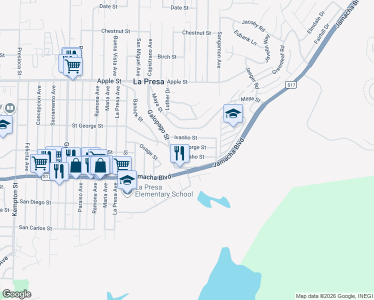map of restaurants, bars, coffee shops, grocery stores, and more near 9805 Ivanho Street in Spring Valley