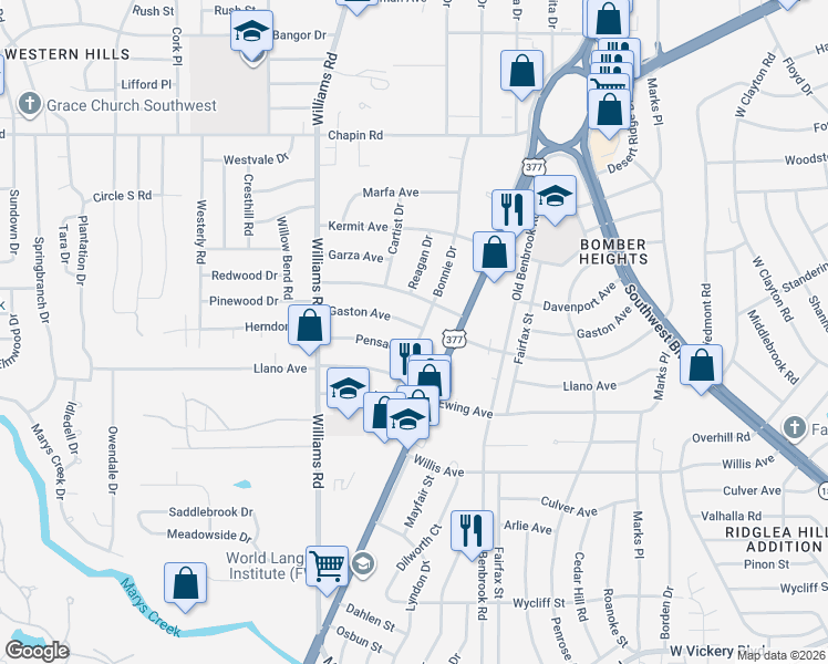 map of restaurants, bars, coffee shops, grocery stores, and more near 7704 Gaston Avenue in Fort Worth
