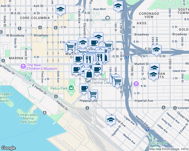 map of restaurants, bars, coffee shops, grocery stores, and more near in San Diego