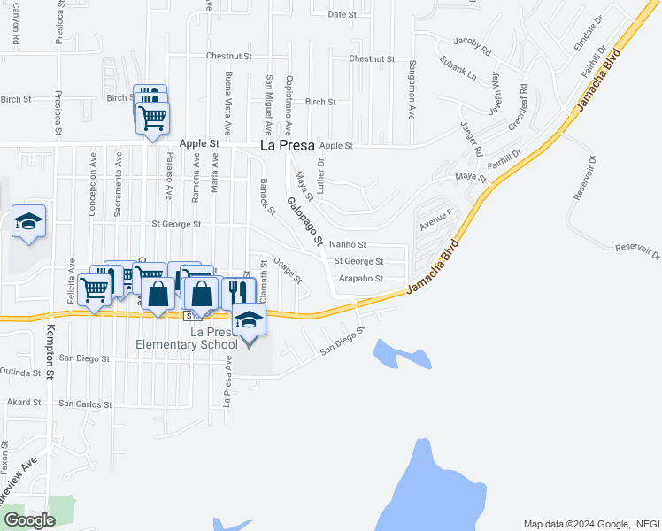 map of restaurants, bars, coffee shops, grocery stores, and more near 9727 Ivanho Street in Spring Valley