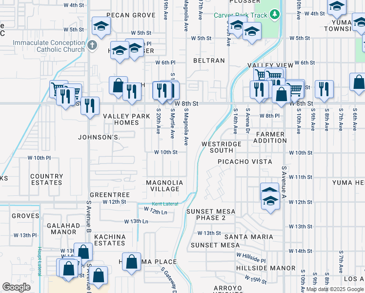 map of restaurants, bars, coffee shops, grocery stores, and more near 800-998 S Magnolia Ave in Yuma