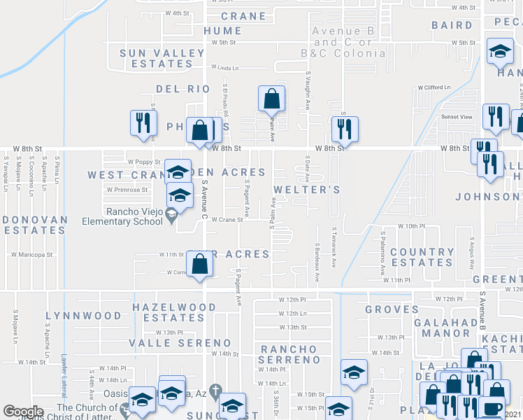 map of restaurants, bars, coffee shops, grocery stores, and more near 925 South Pagent Avenue in Yuma