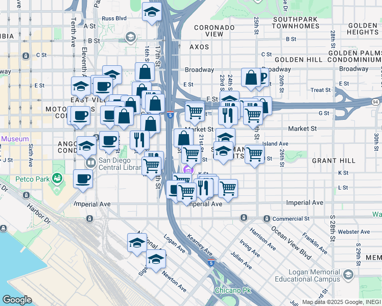 map of restaurants, bars, coffee shops, grocery stores, and more near 2017 Island Avenue in San Diego