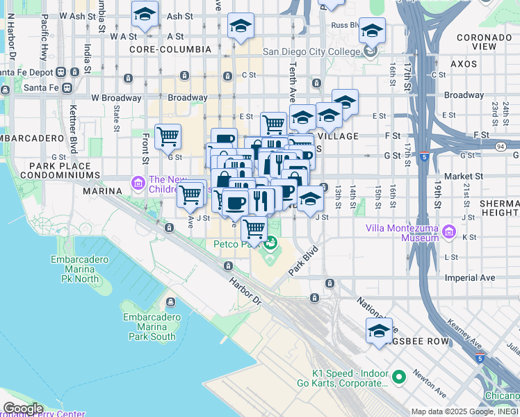map of restaurants, bars, coffee shops, grocery stores, and more near in San Diego