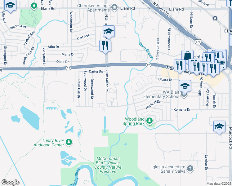 map of restaurants, bars, coffee shops, grocery stores, and more near 202 South Jim Miller Road in Dallas