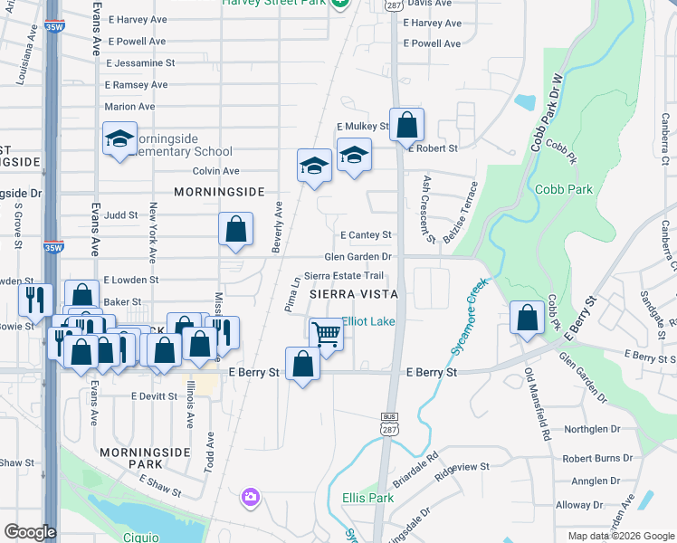 map of restaurants, bars, coffee shops, grocery stores, and more near 1416 Glen Garden Drive in Fort Worth