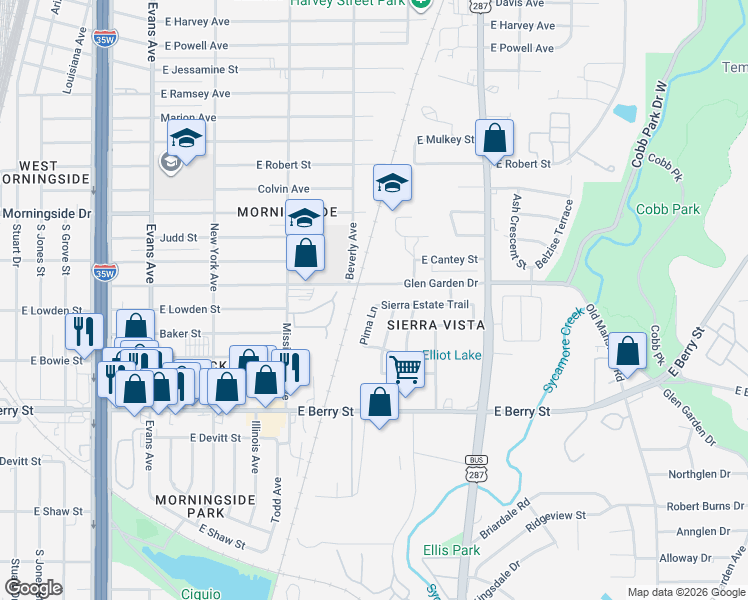 map of restaurants, bars, coffee shops, grocery stores, and more near 1300 Glen Garden Drive in Fort Worth