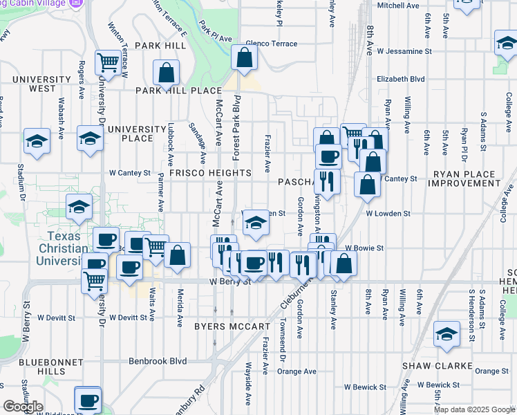 map of restaurants, bars, coffee shops, grocery stores, and more near 2821 Frazier Avenue in Fort Worth