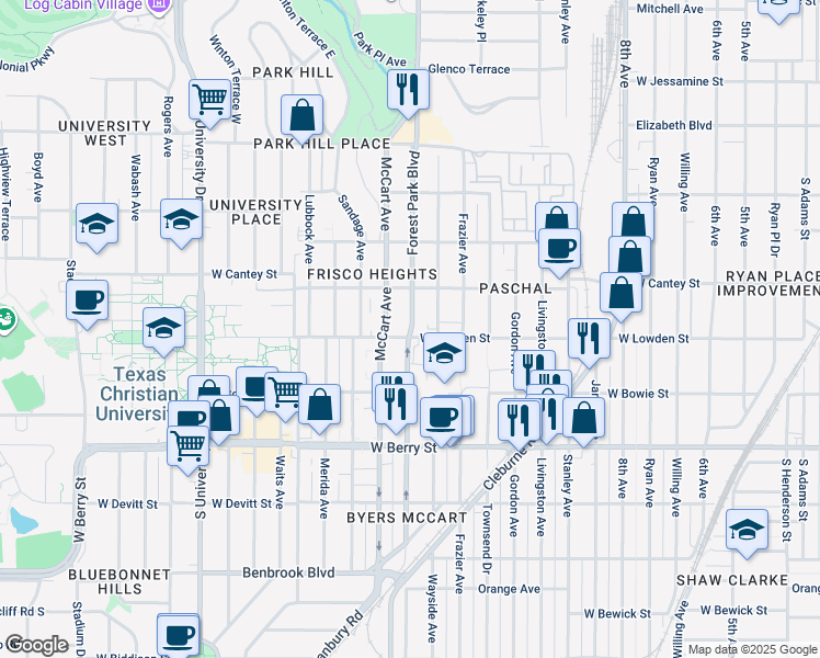map of restaurants, bars, coffee shops, grocery stores, and more near 2816 Wayside Avenue in Fort Worth