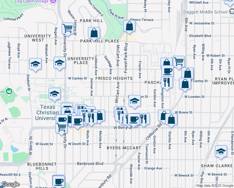 map of restaurants, bars, coffee shops, grocery stores, and more near 2817 McCart Avenue in Fort Worth