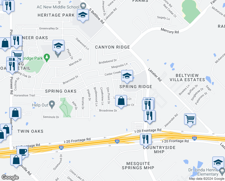 map of restaurants, bars, coffee shops, grocery stores, and more near 4625 Indian Creek Drive in Balch Springs