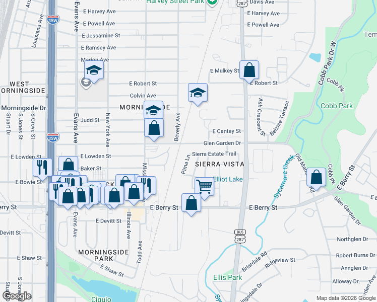 map of restaurants, bars, coffee shops, grocery stores, and more near 1300 Glen Garden Drive in Fort Worth