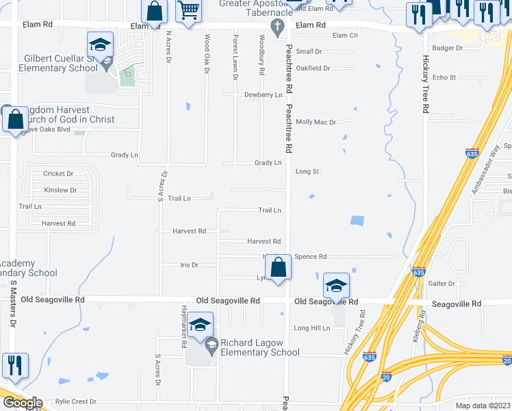 map of restaurants, bars, coffee shops, grocery stores, and more near 11303 Trail Lane in Balch Springs