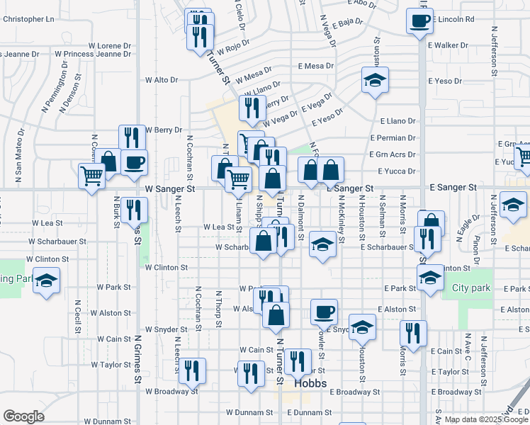 map of restaurants, bars, coffee shops, grocery stores, and more near 1001 N Turner St in Hobbs