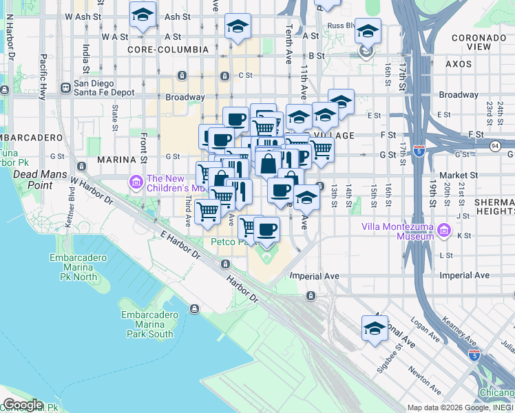 map of restaurants, bars, coffee shops, grocery stores, and more near 488 Eighth Avenue in San Diego
