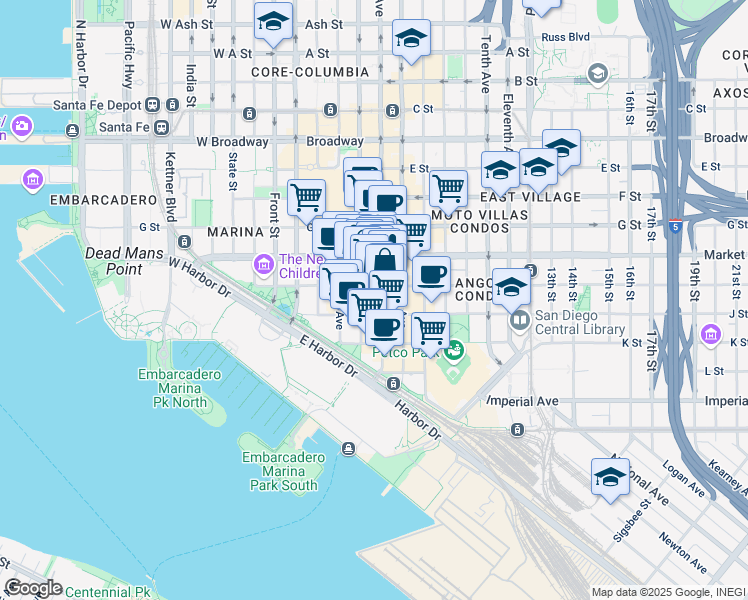 map of restaurants, bars, coffee shops, grocery stores, and more near 435 Island Avenue in San Diego