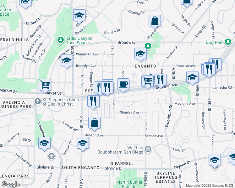 map of restaurants, bars, coffee shops, grocery stores, and more near 6315 Imperial Avenue in San Diego