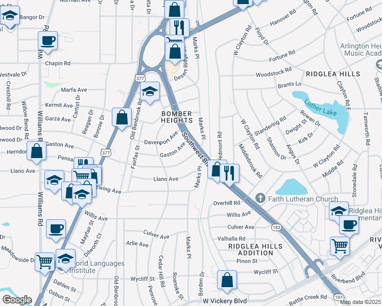 map of restaurants, bars, coffee shops, grocery stores, and more near 7304 Pensacola Avenue in Fort Worth