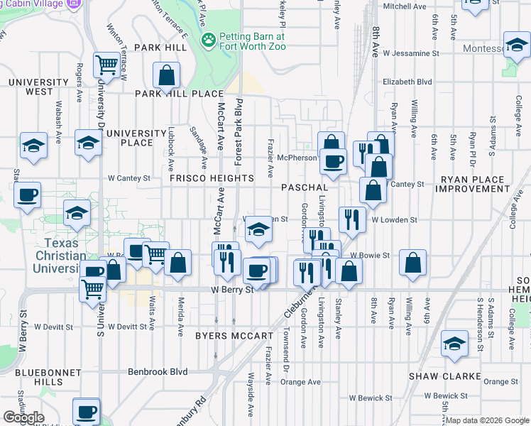 map of restaurants, bars, coffee shops, grocery stores, and more near 2200 West Lowden Street in Fort Worth