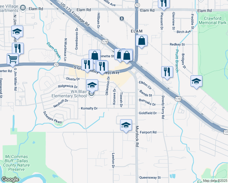 map of restaurants, bars, coffee shops, grocery stores, and more near 331 Konawa Drive in Dallas