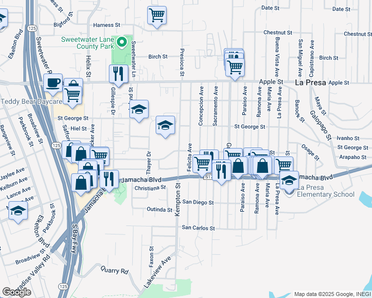 map of restaurants, bars, coffee shops, grocery stores, and more near 725 Kempton Street in Spring Valley