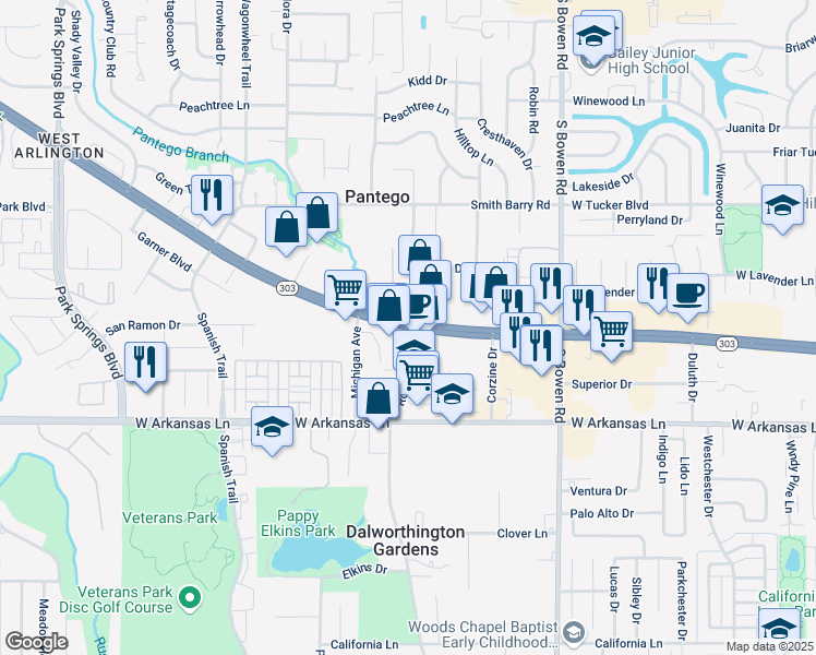 map of restaurants, bars, coffee shops, grocery stores, and more near 2900 West Pioneer Parkway in Arlington