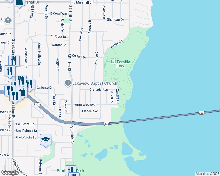 map of restaurants, bars, coffee shops, grocery stores, and more near 2402 Cardiff Street in Grand Prairie