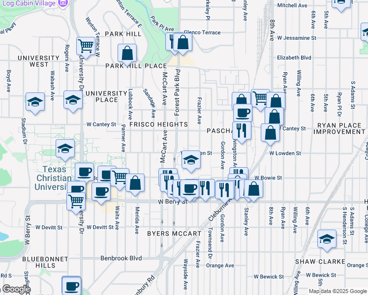 map of restaurants, bars, coffee shops, grocery stores, and more near 2832 Wayside Avenue in Fort Worth