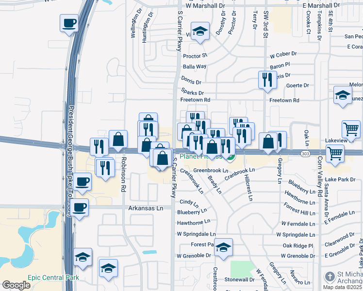 map of restaurants, bars, coffee shops, grocery stores, and more near 692 West Pioneer Parkway in Grand Prairie