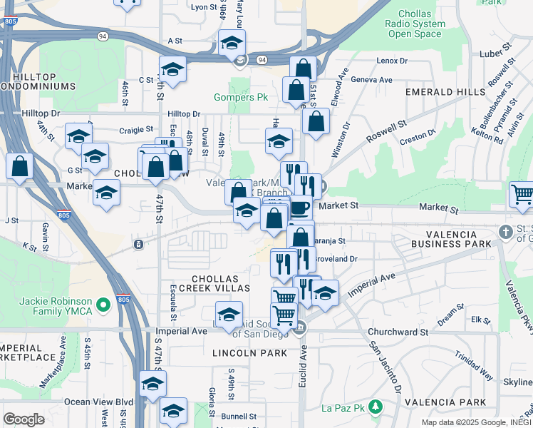 map of restaurants, bars, coffee shops, grocery stores, and more near Market Street in San Diego