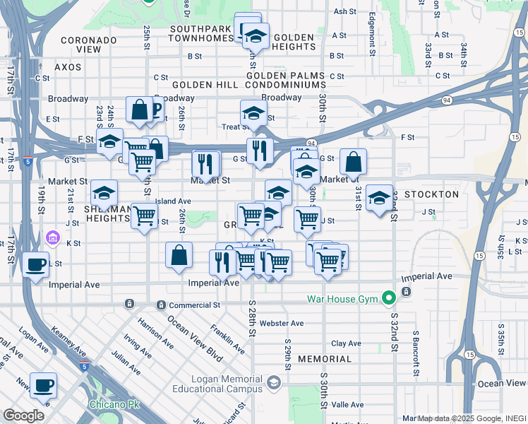 map of restaurants, bars, coffee shops, grocery stores, and more near 47 28th Street in San Diego