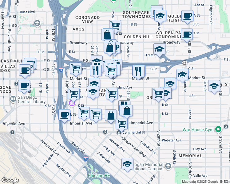 map of restaurants, bars, coffee shops, grocery stores, and more near 445 25th Street in San Diego