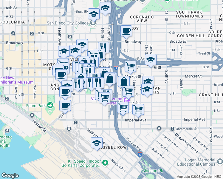 map of restaurants, bars, coffee shops, grocery stores, and more near 505 17th Street in San Diego