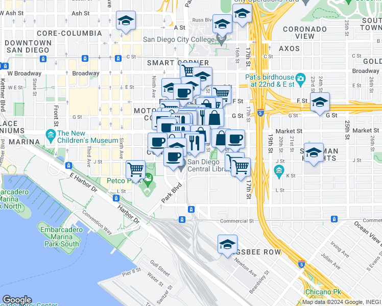 map of restaurants, bars, coffee shops, grocery stores, and more near in San Diego