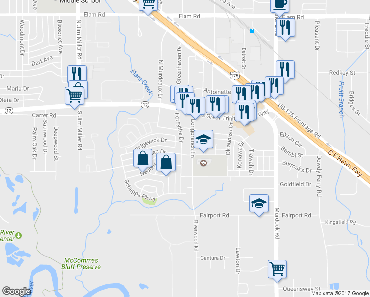 map of restaurants, bars, coffee shops, grocery stores, and more near 223 Forsythe Drive in Dallas