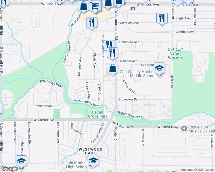 map of restaurants, bars, coffee shops, grocery stores, and more near 3012 Cliff Creek Drive in Dallas