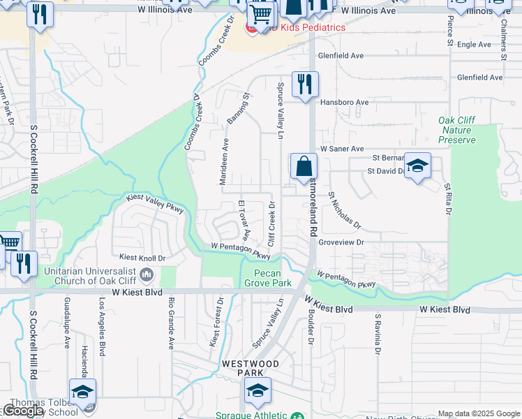 map of restaurants, bars, coffee shops, grocery stores, and more near 3416 Tangle Terrace in Dallas