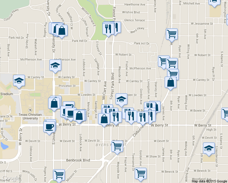 map of restaurants, bars, coffee shops, grocery stores, and more near 2829 Forest Park Boulevard in Fort Worth